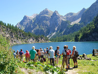 Wanderer genießen das Bergpanorama